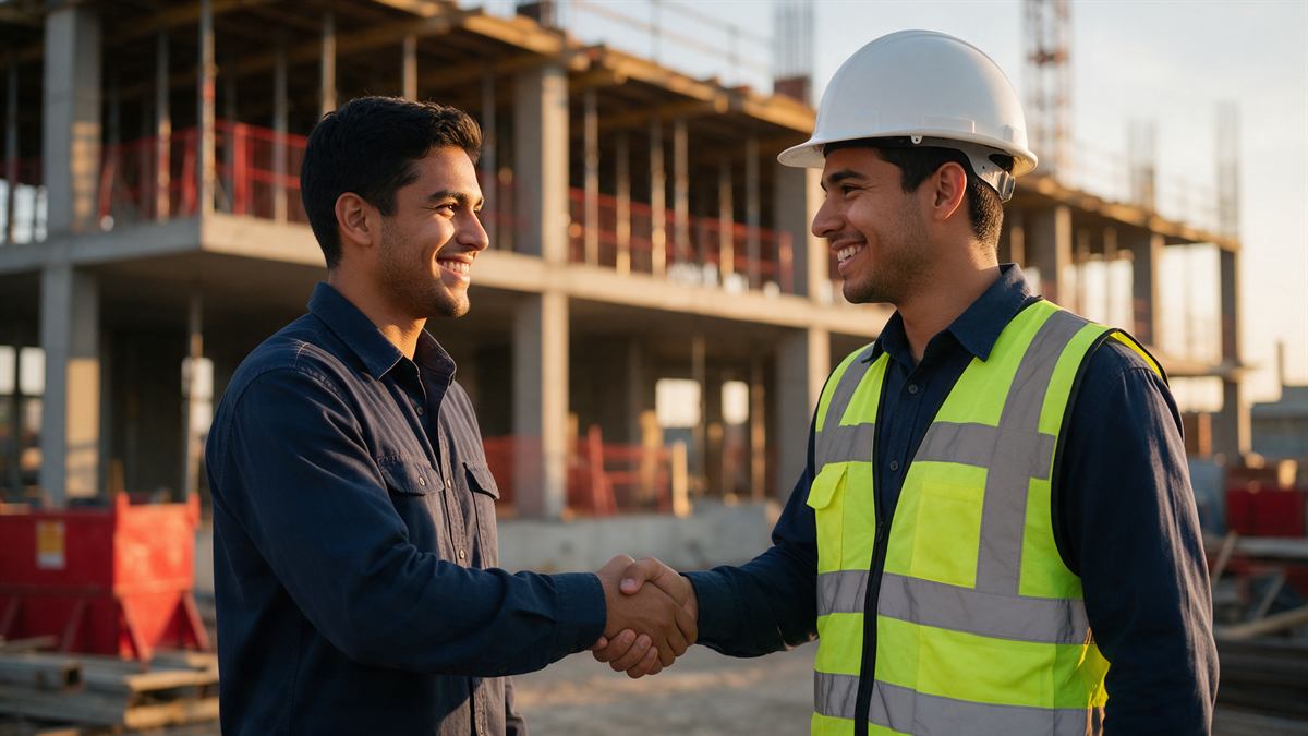 Dos ingenieros cerrando un acuerdo de trabajo en obra