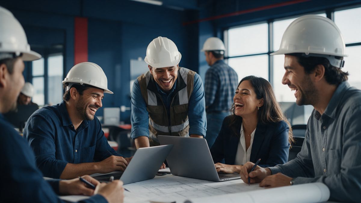 Grupo de ingenieros colaborando alrededor de planos
